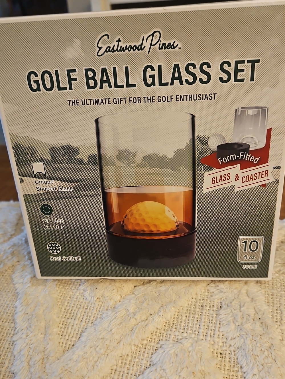 Golf Ball Glass Set - Amber Glass with Wooden Coaster & Golf Ball.  New In box